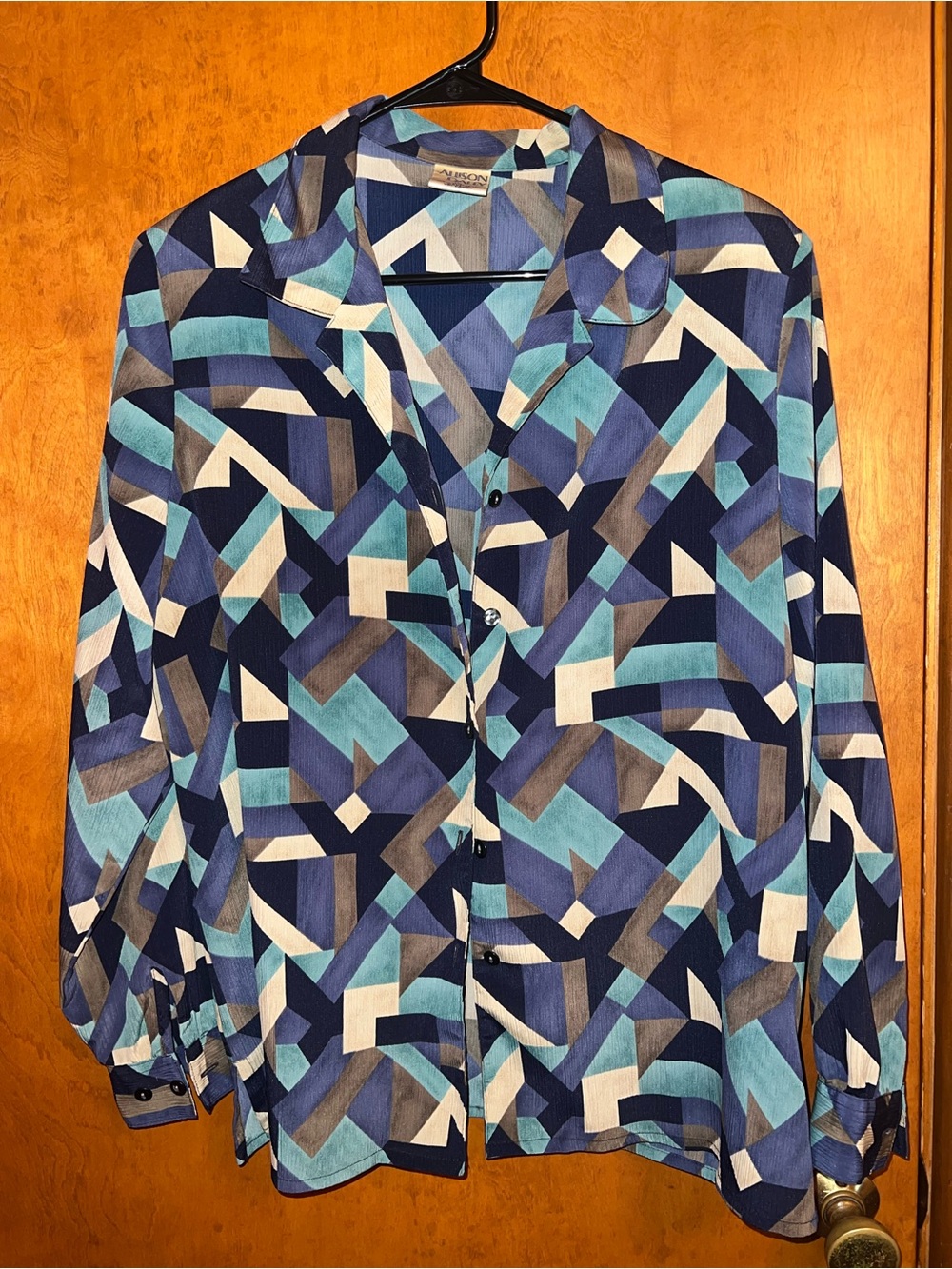 Allison Daley Blue Teal Navy Geometric Button Blouse